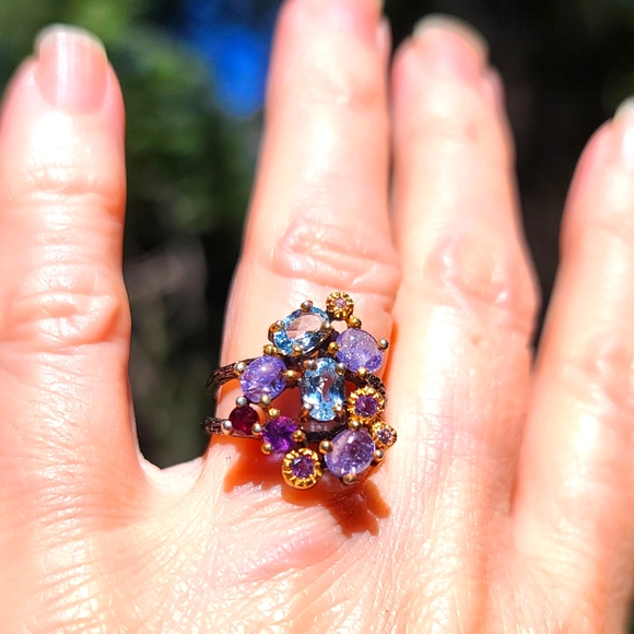 Natural Kharma by Avelon Jewelry - Blue Topaz Tanzanite Amethyst & Rhodolite Sterling 🍸 Cocktail 💍 ring sz6.5